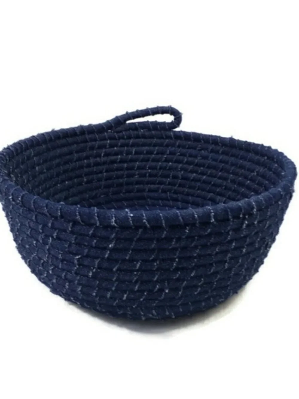 Handmade Upcycled Denim Coiled Rope Bowl Dark Wash Storage Basket Medium